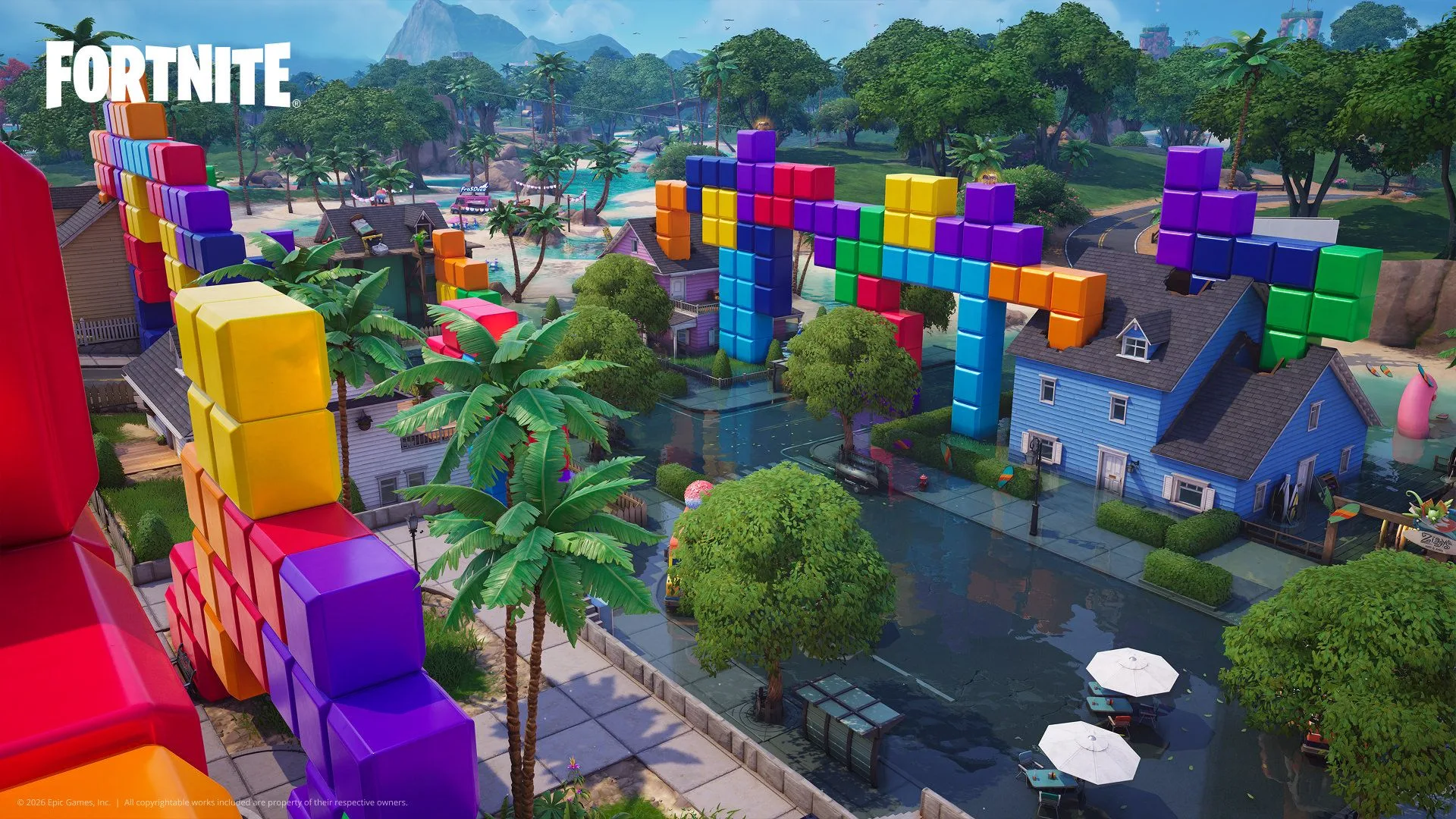 Official Chapter 7 Season 4 Override environmental screenshot (Tetris Rift POI) from Epic Games' fortnite.com season announcement.