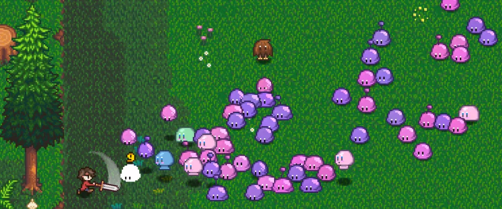 Official work-in-progress combat screenshot from ConcernedApe's Haunted Chocolatier dev blog.