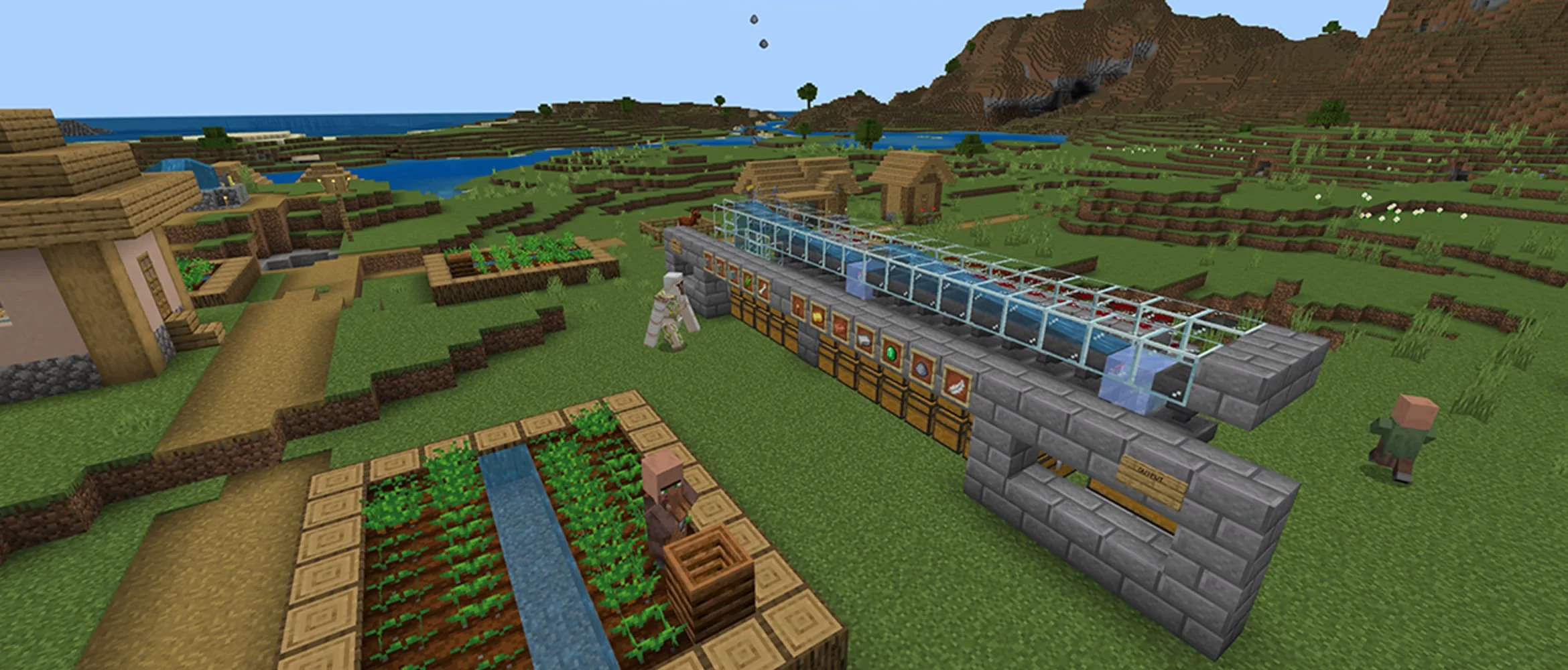 Official Mojang screenshot of a villager farm and redstone item sorter via minecraft.net — the kind of busy, chunk-dense build that actually stresses a PC's CPU.