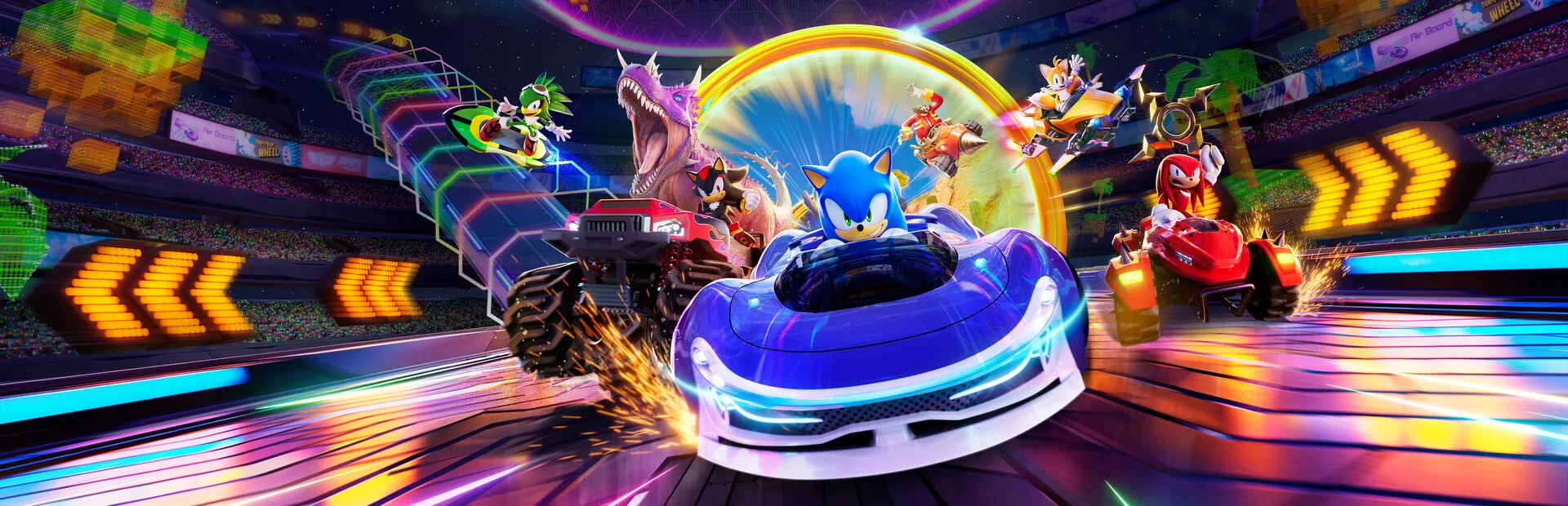 Sonic and friends in official Sonic Racing: CrossWorlds key art — the kart racer tied to the new Discord server's dedicated CrossWorlds channel, via SEGA's own Steam store page.