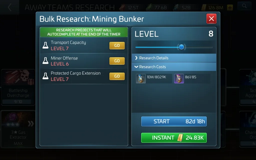 Star Trek Fleet Command — in-game Bulk Research screen, Update 94.1